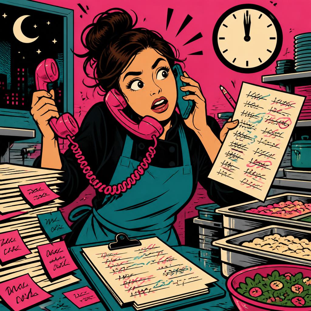 Comic-Illustration einer Caterin, die nachts zwischen zwei Telefonen, Notizzetteln und handschriftlichen Gästelisten steht