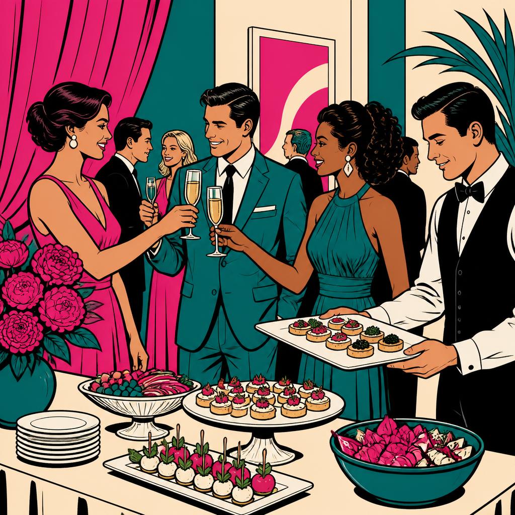 Comic-Illustration einer eleganten Firmenfeier, bei der Gäste anstoßen und ein Kellner Canapés serviert